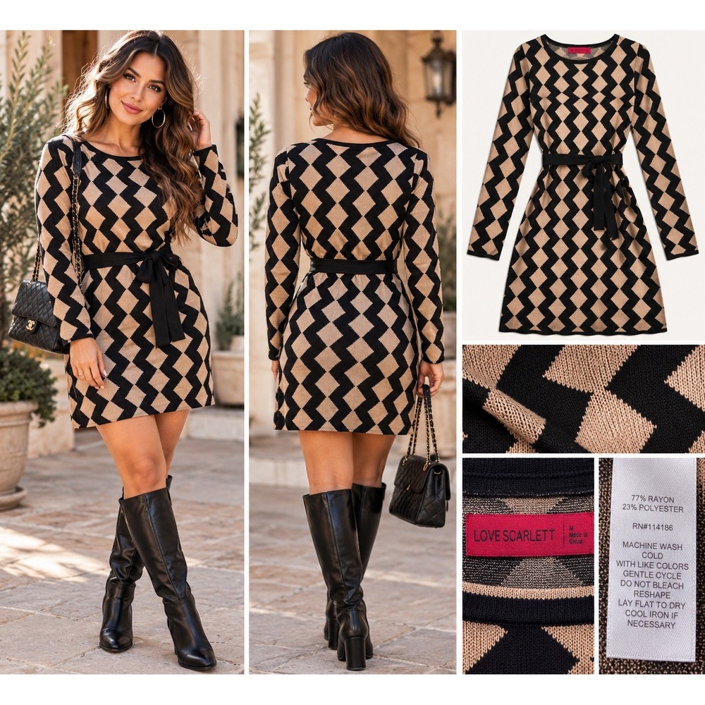 Love Scarlett Womens Tan Black Geometric Diamond Knit Sweater Dress Size M